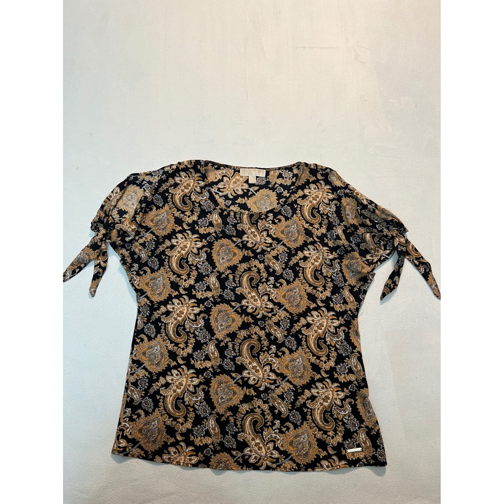 Michael Kors Womens Paisley Tie Sleeve Blouse Black Gold Medium